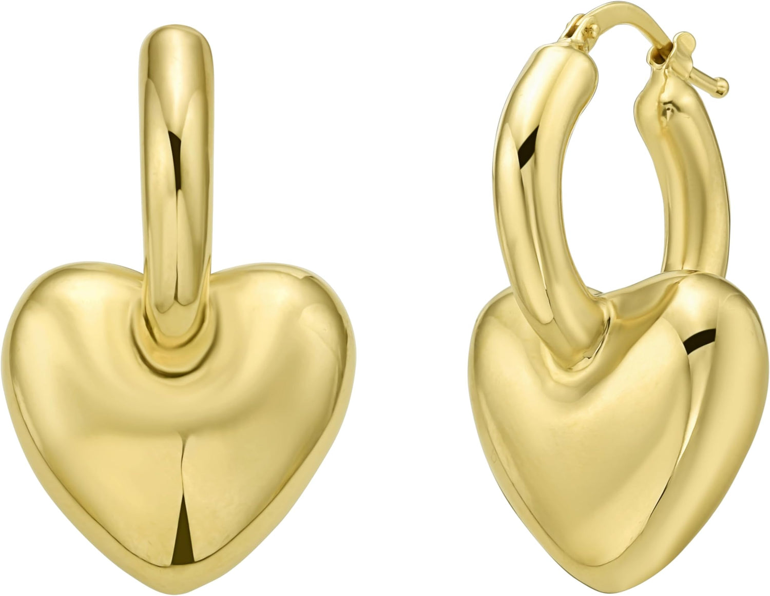14k Yellow Gold 32.4mm x 18.6mm Puffy Heart Dangle Huggie Hoops Earrings