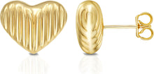 Load image into Gallery viewer, 14k Yellow Gold 9.5mm Puffy Ridged Heart Stud Earrings
