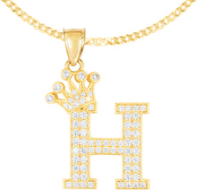 Load image into Gallery viewer, 10k Yellow Gold 0.8&quot; Pave CZ Personalized Crown Alphabet Letter A - Z Initial Charm Pendant with optional Chain Necklace
