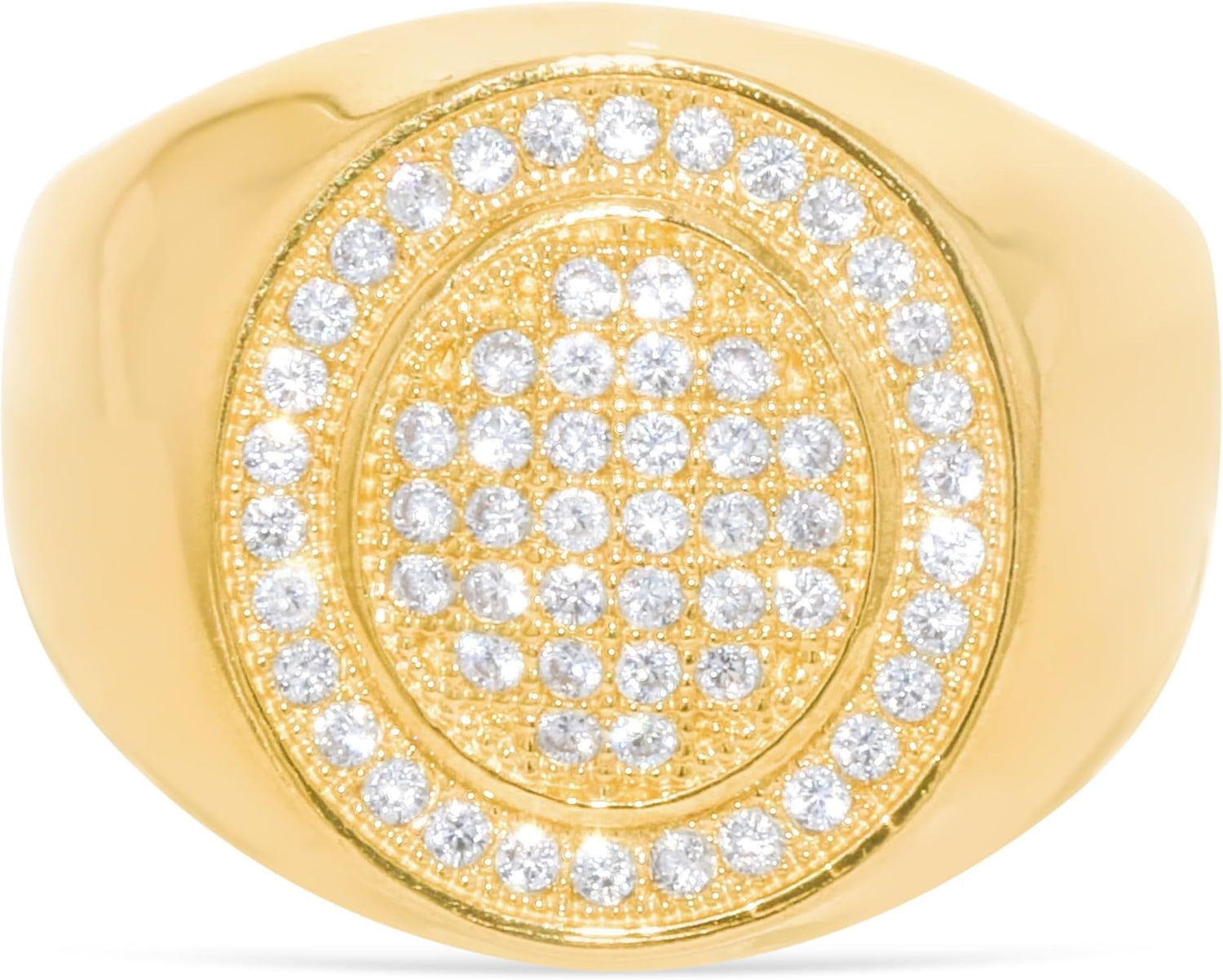 10k Yellow Gold 17.4mm Pave CZ Oval Frame Signet Ring, Sizes 4-13
