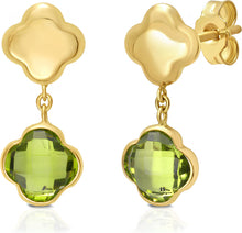 Load image into Gallery viewer, 14k Yellow Gold 18mm Clover Natural Gemstone Drop Earrings (Swiss Blue Topaz, Garnet, Amethyst, Citrine, Peridot)
