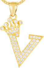 Load image into Gallery viewer, 10k Yellow Gold 0.8&quot; Pave CZ Personalized Crown Alphabet Letter A - Z Initial Charm Pendant with optional Chain Necklace
