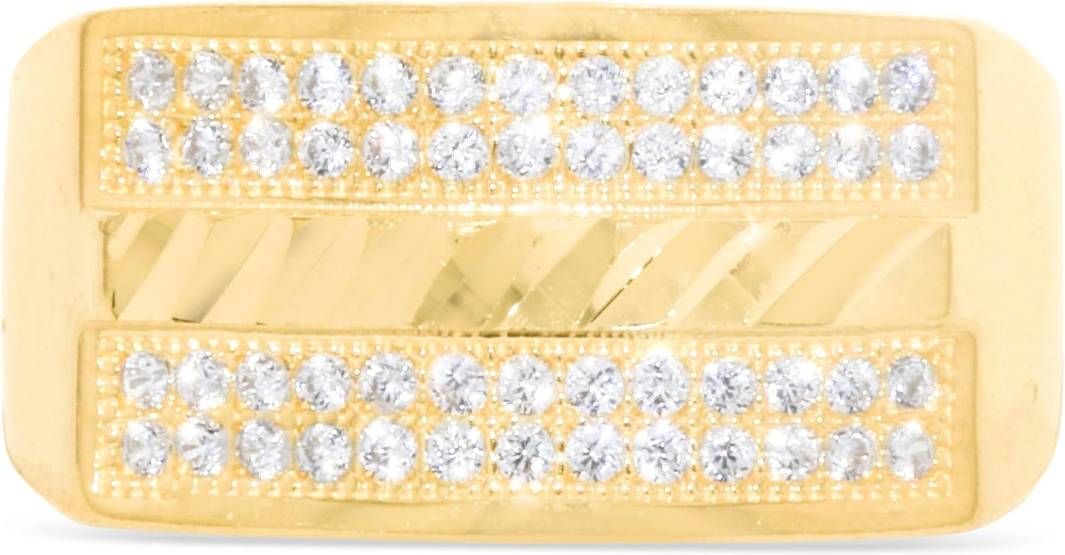 10k Yellow Gold 10.9mm Pave CZ Rectangle Signet with Diamond Cut Strip Ring, Sizes 4-13