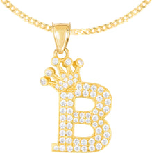 Load image into Gallery viewer, 10k Yellow Gold 0.8&quot; Pave CZ Personalized Crown Alphabet Letter A - Z Initial Charm Pendant with optional Chain Necklace
