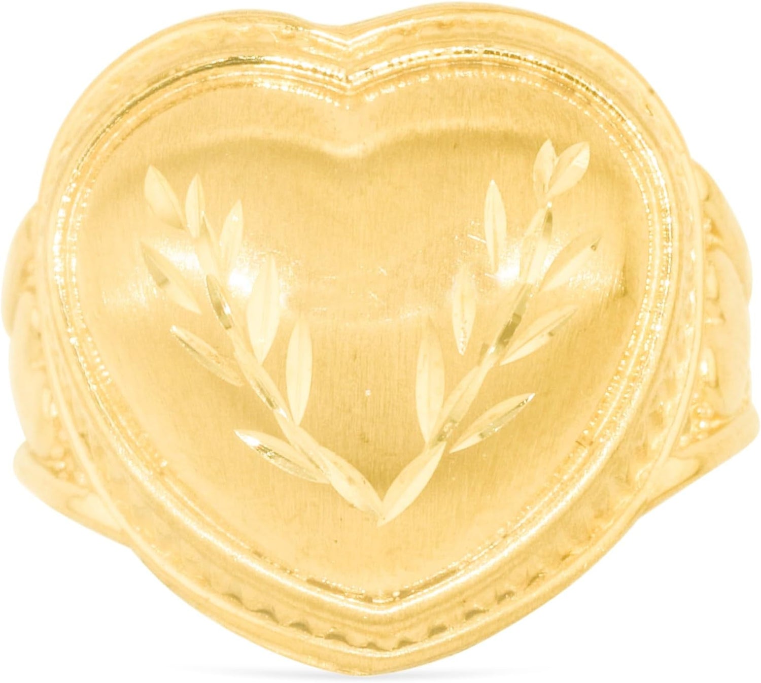 10k Yellow Gold 18mm Domed Heart with Leaf Design Ring, Sizes 4 - 12
