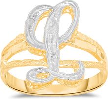 Load image into Gallery viewer, 10k Two-Tone Yellow Gold and White Gold 15mm Personalized A-Z Initial Cursive Letter Ring, Sizes 3 - 10
