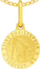 Load image into Gallery viewer, Italian 14k Yellow Gold 12mm Saint St. Christopher San Cristóbal Protect Us Medallion Religious Charm Pendant with Optional Necklace,  16-17-18 Inch
