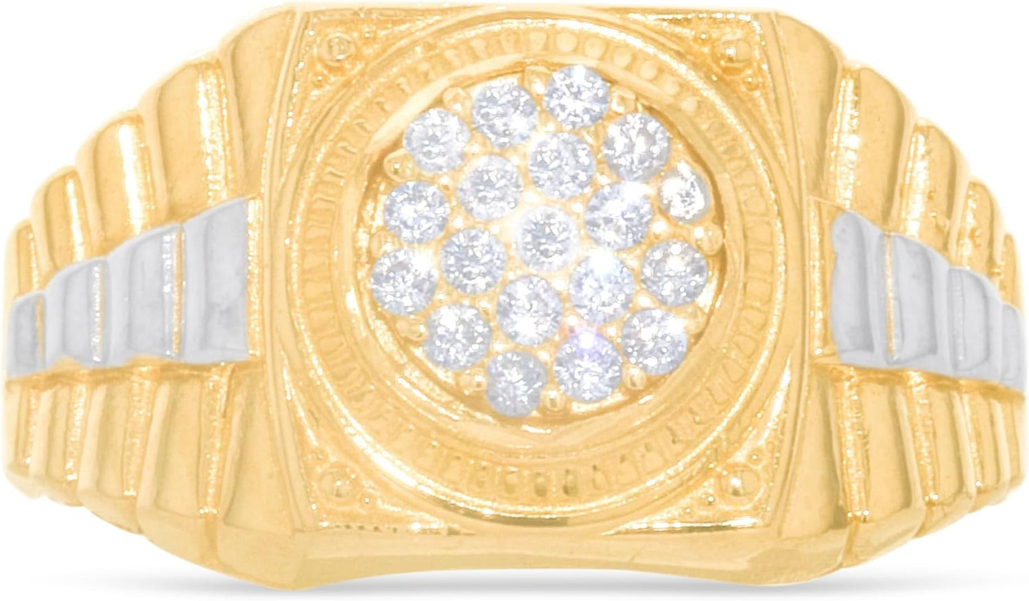 10k Yellow Gold 12.1mm Two-Tone Railroad Pave CZ Cluster Round Circle Ring, Sizes 5-14