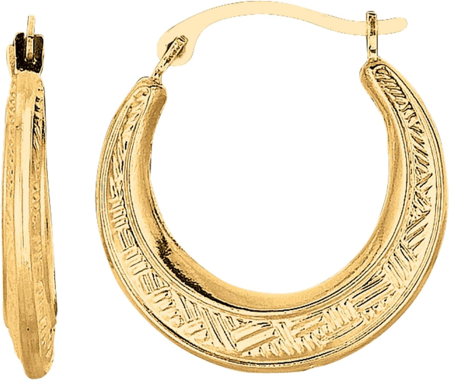 10k Yellow Gold 17mm Diamond Cut Etched Pattern Hoop Earrings