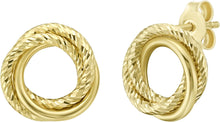 Load image into Gallery viewer, 14k Yellow Gold 11.3mm Interlocking Textured Trinity Stud Earrings
