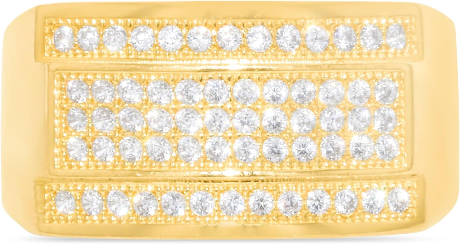 10k Yellow Gold 11.2mm Pave CZ Triple Stack Rectangle Signet Ring, Sizes 4-13
