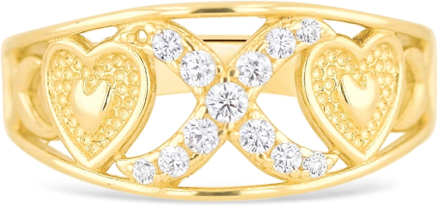 10k Yellow Gold 9mm CZ XOXO X O Heart Ring, Sizes 4 - 11