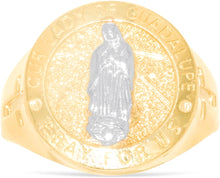 Load image into Gallery viewer, 10k Yellow Gold 17mm Our Lady Of Guadalupe Virgin Mother Mary Pray For Us with Cross Catholic Saint Religious Medallion Men&#39;s Ring, Sizes 5 - 13

