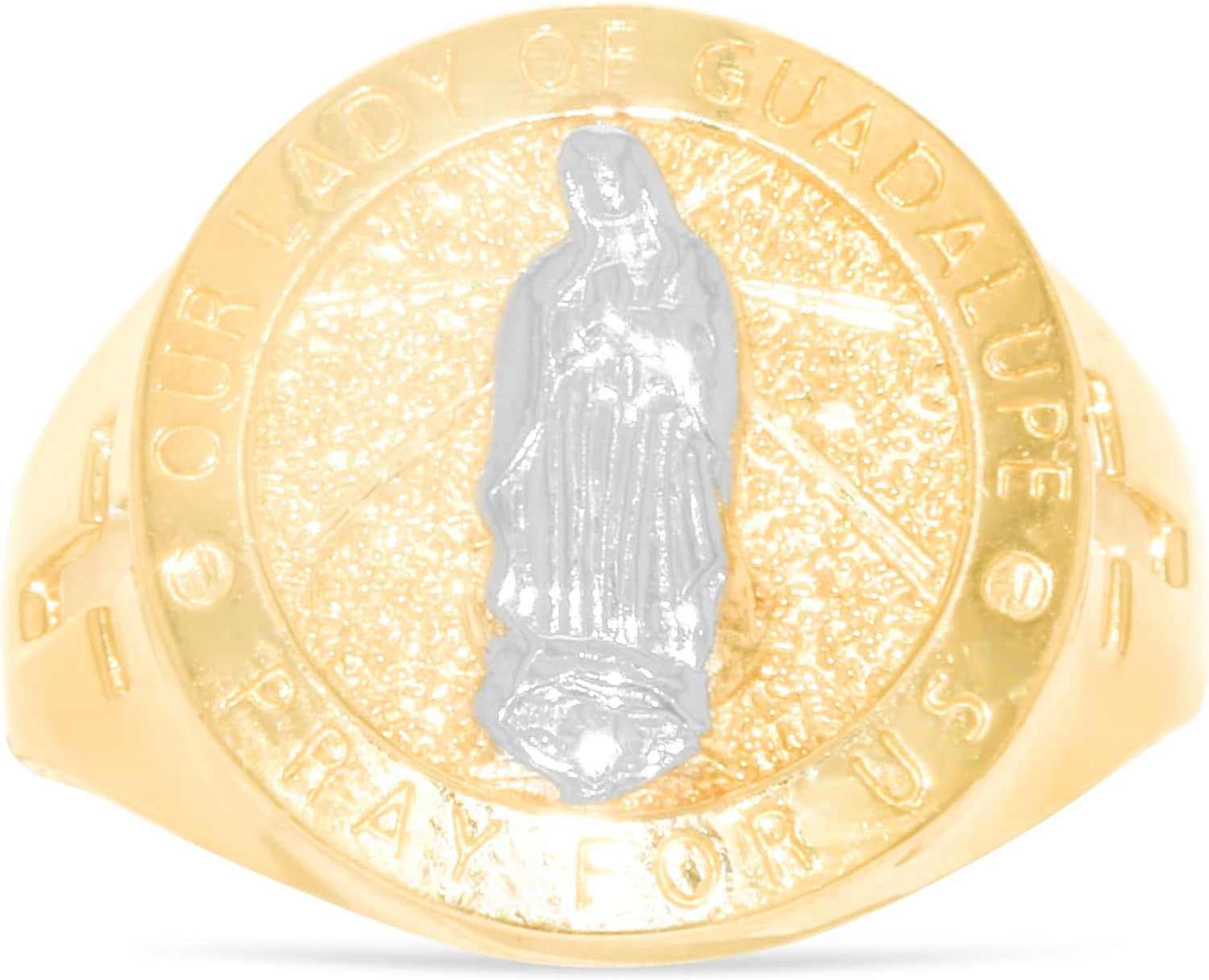 10k Yellow Gold 17mm Our Lady Of Guadalupe Virgin Mother Mary Pray For Us with Cross Catholic Saint Religious Medallion Men's Ring, Sizes 5 - 13
