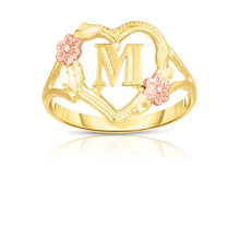 Load image into Gallery viewer, 10k Yellow Gold A-Z Initial Ring with Heart and Rose Gold Flower Design, Sizes 4-9
