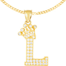 Load image into Gallery viewer, 10k Yellow Gold 0.8&quot; Pave CZ Personalized Crown Alphabet Letter A - Z Initial Charm Pendant with optional Chain Necklace
