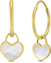 Load image into Gallery viewer, 14k Yellow Gold 22mm Dangle Heart Huggie Earrings (Turquoise, Red Coral, Mother of Pearl)
