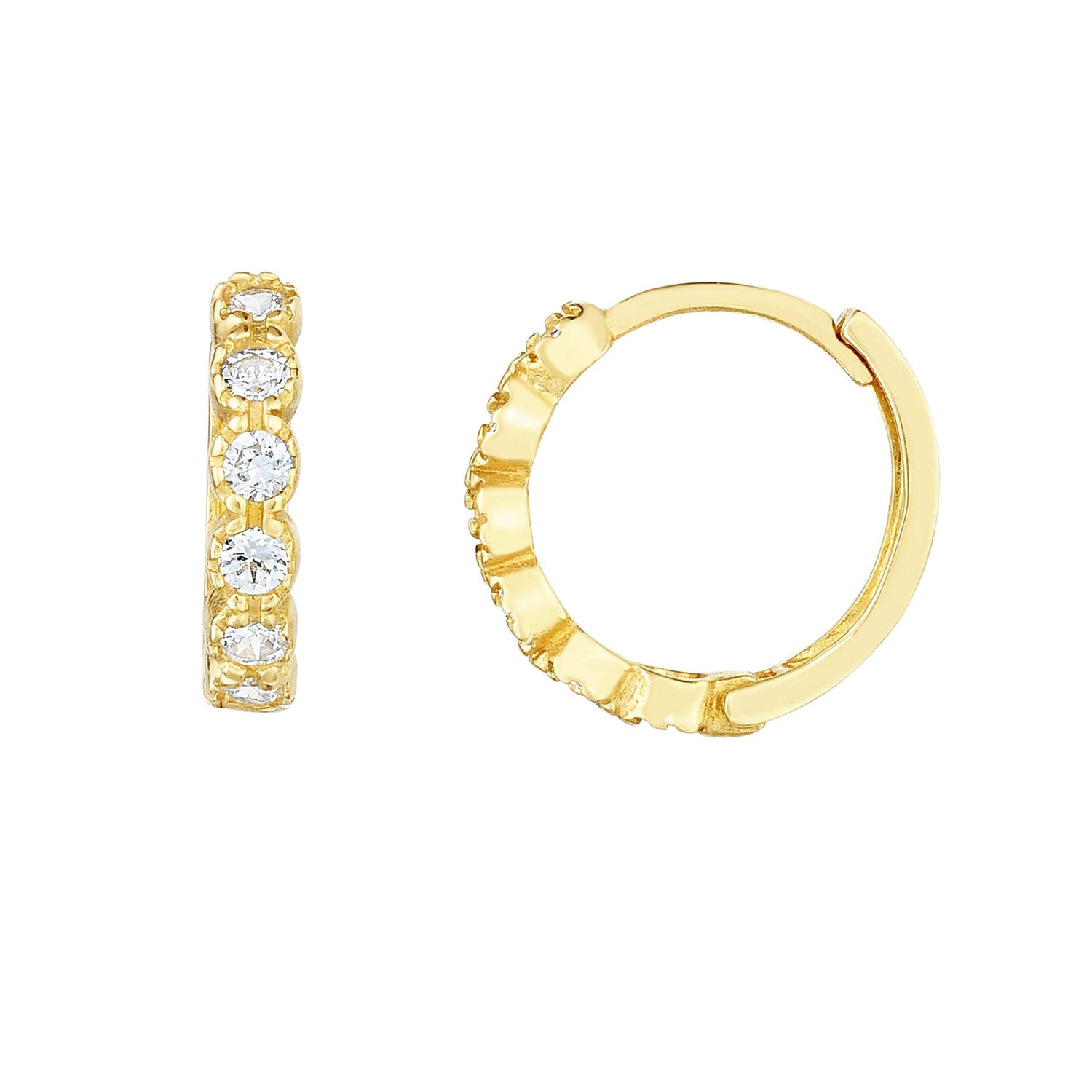 14k Yellow Gold 11mm CZ Round Hoop Huggie Earrings