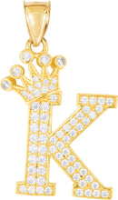 Load image into Gallery viewer, 10k Yellow Gold 0.8&quot; Pave CZ Personalized Crown Alphabet Letter A - Z Initial Charm Pendant with optional Chain Necklace
