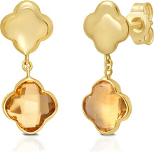Load image into Gallery viewer, 14k Yellow Gold 18mm Clover Natural Gemstone Drop Earrings (Swiss Blue Topaz, Garnet, Amethyst, Citrine, Peridot)
