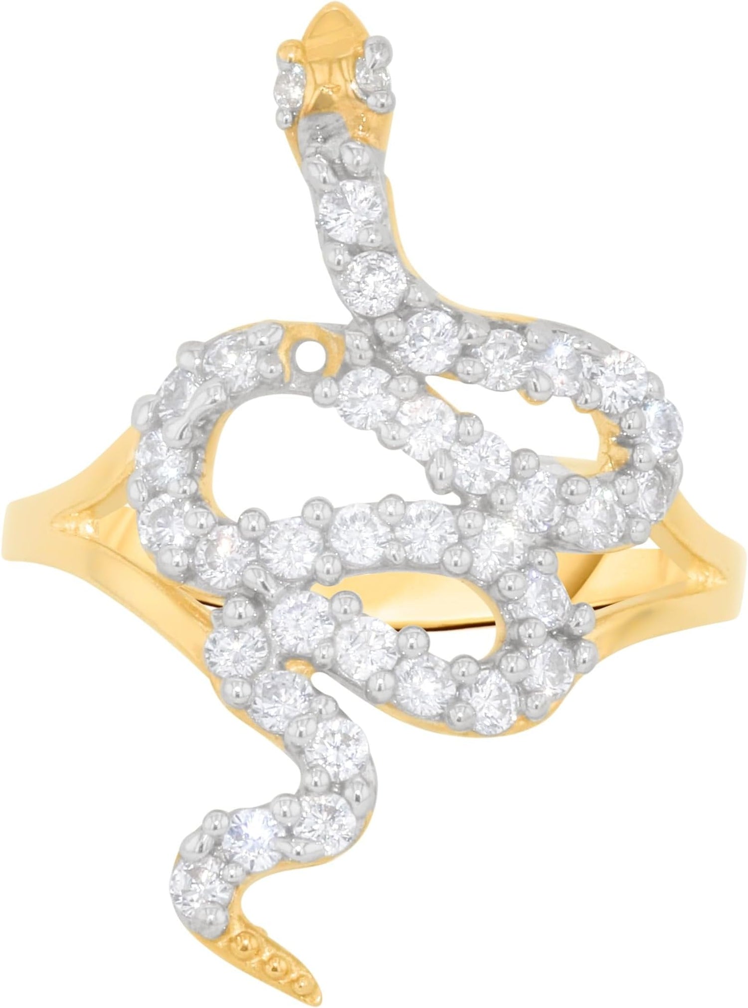 10k Yellow Gold 25.4mm Two-Tone Serpent Snake CZ Ring, Sizes 4-10