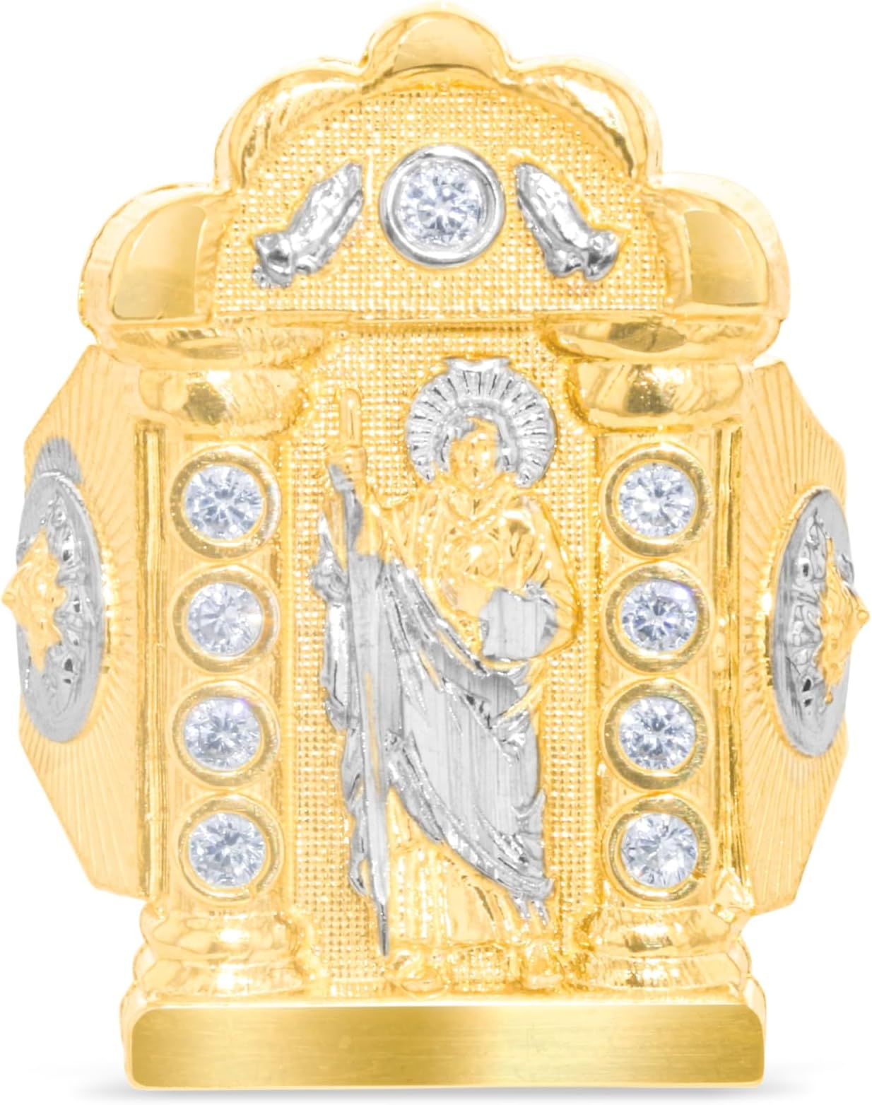 10k Yellow Gold 28.7mm Two-Tone Saint Barbara Arch Praying Hands CZ Ring, Sizes 6-13