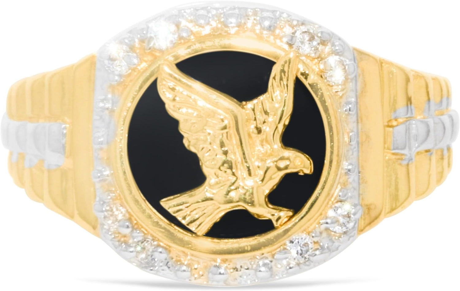 10k Yellow Gold 14mm Eagle Bird Onyx Two-Tone Railroad CZ Ring, Sizes 5 - 13