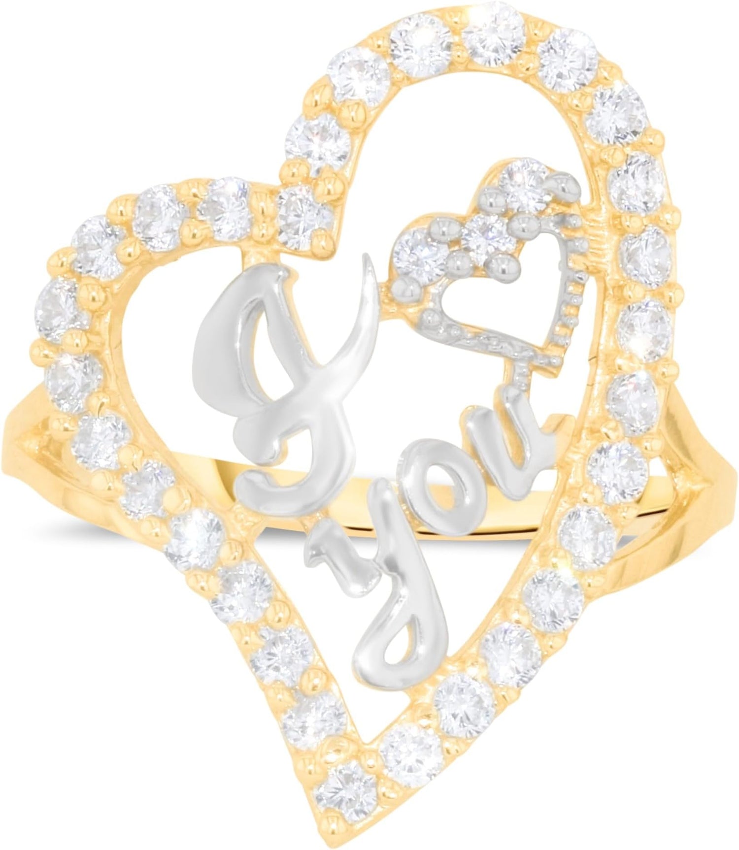 10k Yellow Gold 22.5mm Curved Heart CZ Two-Tone I Love You Ring, Sizes 4-11