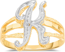 Load image into Gallery viewer, 10k Two-Tone Yellow Gold and White Gold 15mm Personalized A-Z Initial Cursive Letter Ring, Sizes 3 - 10
