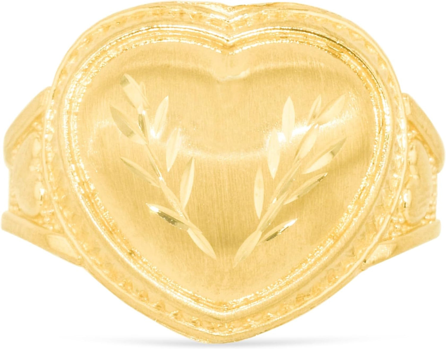 10k Yellow Gold 16mm Domed Heart with Leaf Design Ring, Sizes 4-12