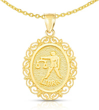 Load image into Gallery viewer, 10k Yellow Gold Round Horoscope Zodiac Sign Pendant with Optional Cable Chain Necklace
