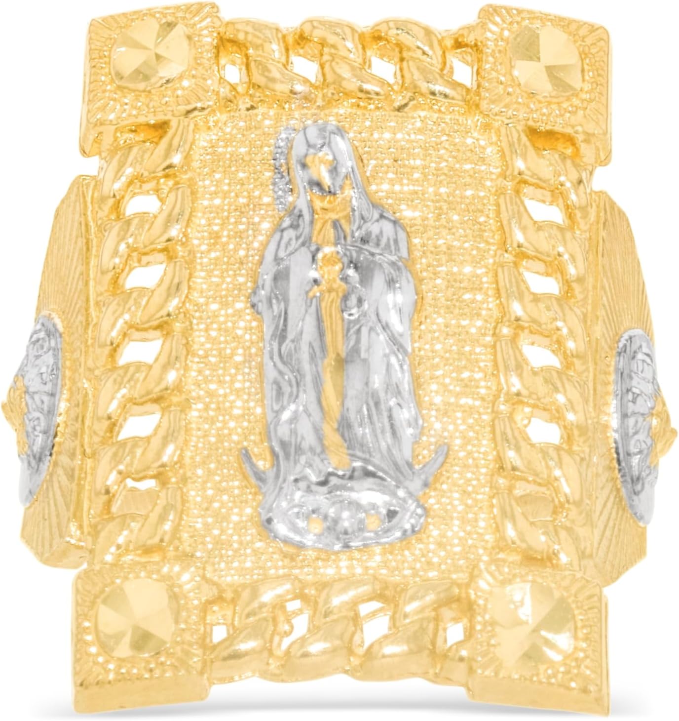 10k Yellow Gold 26.9mm Two-Tone Mother Virgin Saint Mary Cuban Link Ring, Sizes 6-14
