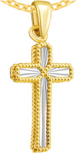 Load image into Gallery viewer, Italian 14k Two-Tone Gold 17mm Reversible Radiant Cross Religious Charm Pendant with Optional Necklace,  16-17-18 Inch

