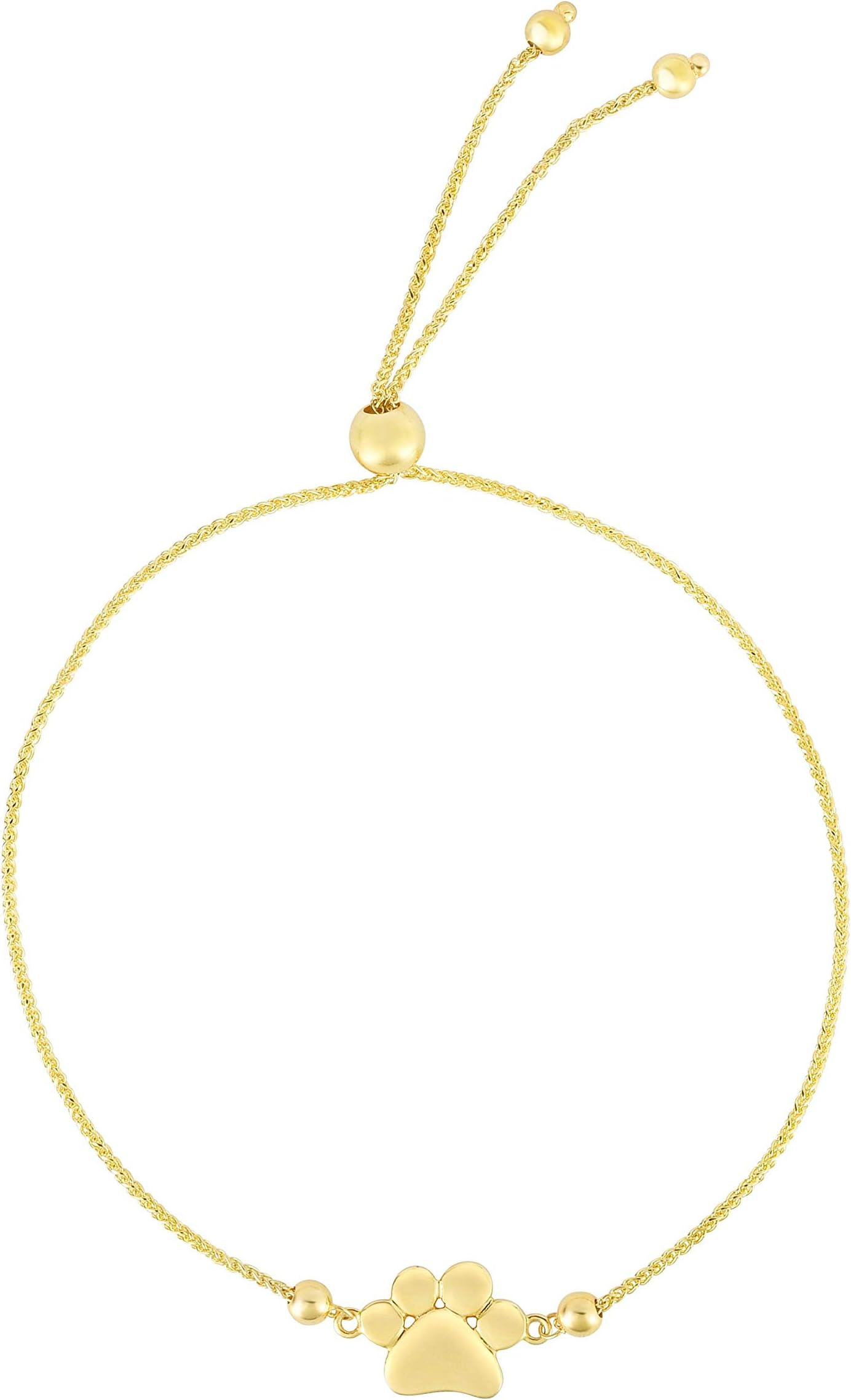 14k Yellow Gold Paw Print Charm Adjustable Wheat Link Friendship Bolo Bracelet, Extendable 9.25 Inch