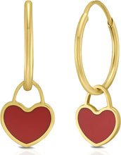 Load image into Gallery viewer, 14k Yellow Gold 22mm Dangle Heart Huggie Earrings (Turquoise, Red Coral, Mother of Pearl)

