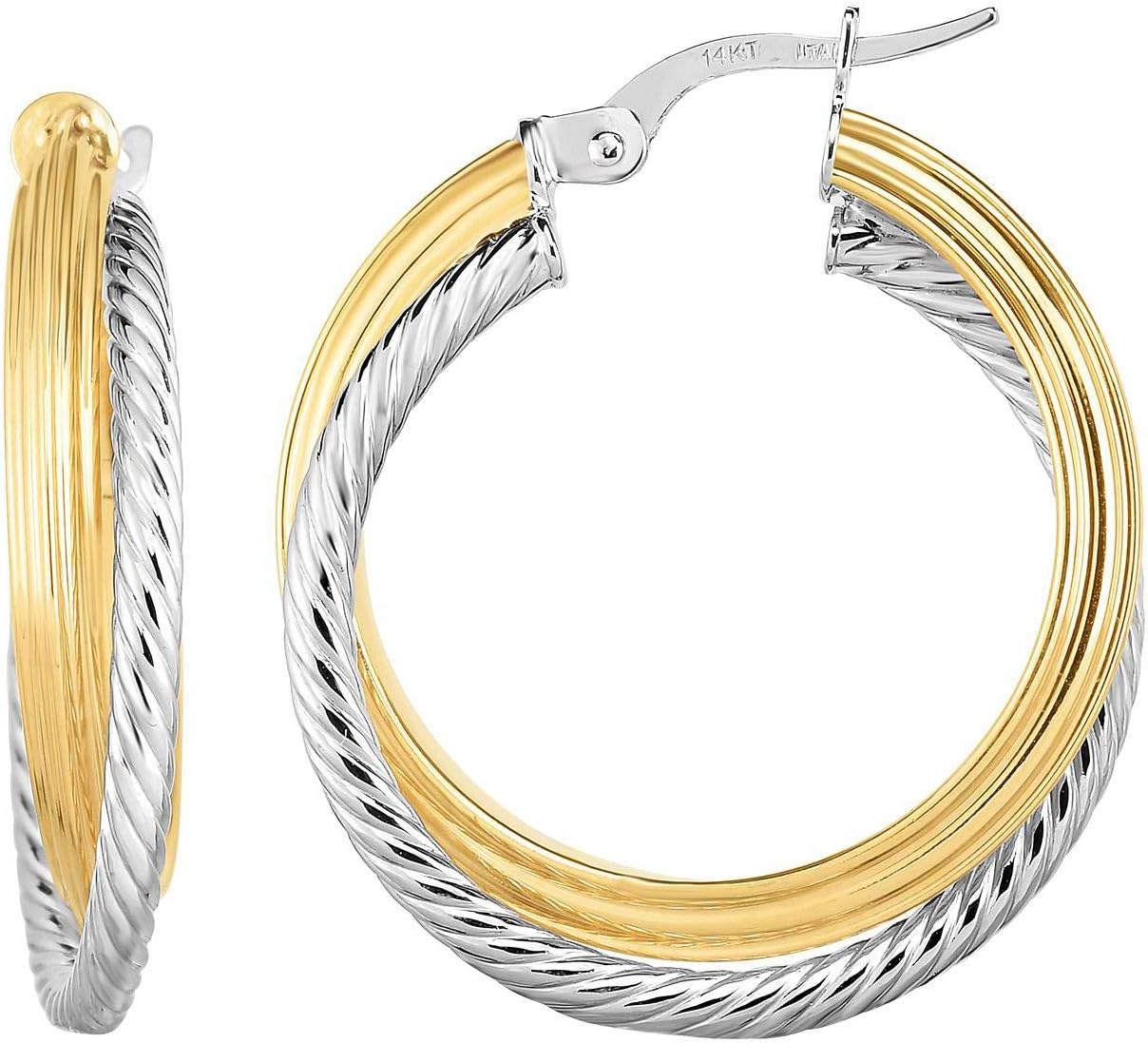 14k Yellow Gold and White Gold 20mm Polished and Twist Hoop Earrings