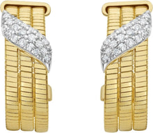 Load image into Gallery viewer, 14k Yellow Gold 21mm Leaf Diamond Omega Hoop Gemstone Earrings
