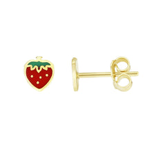 Load image into Gallery viewer, 14k Yellow Gold 6mm High Polish Red &amp; Green Strawberry Stud Earrings
