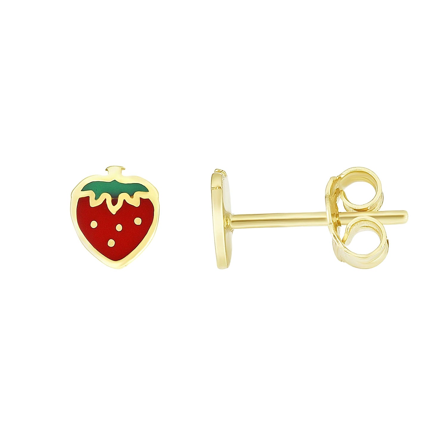 14k Yellow Gold 6mm High Polish Red & Green Strawberry Stud Earrings
