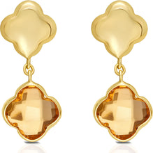 Load image into Gallery viewer, 14k Yellow Gold 18mm Clover Natural Gemstone Drop Earrings (Swiss Blue Topaz, Garnet, Amethyst, Citrine, Peridot)
