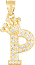 Load image into Gallery viewer, 10k Yellow Gold 0.8&quot; Pave CZ Personalized Crown Alphabet Letter A - Z Initial Charm Pendant with optional Chain Necklace
