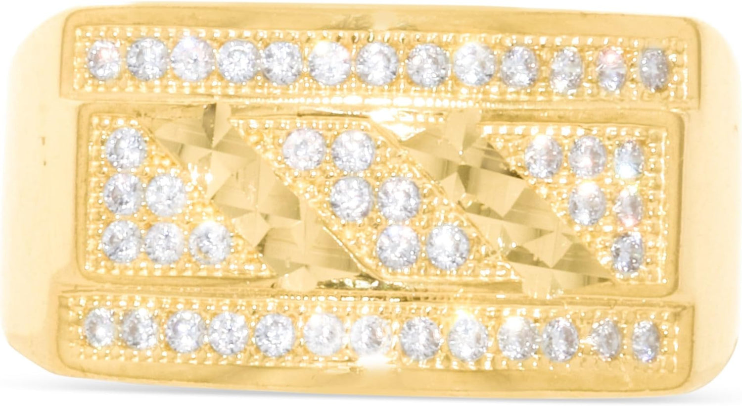 10k Yellow Gold 11.2mm Pave CZ Rectangle Signet with Striped Diamond Cut Ring, Sizes 4-13