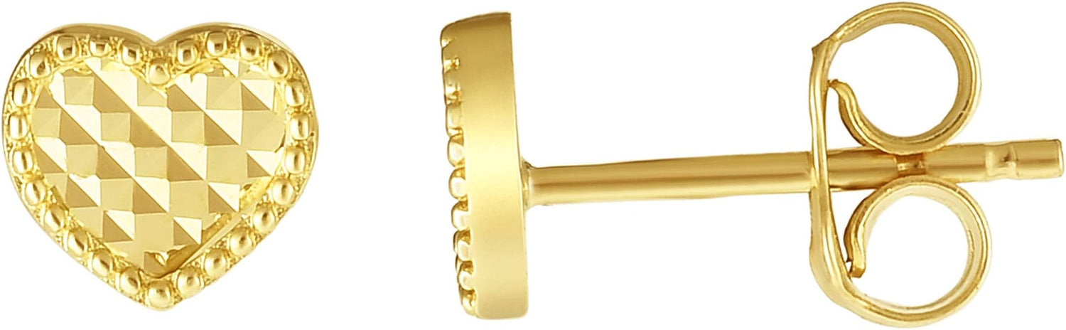 14k Yellow Gold 6mm Diamnd Cut Heart Stud Earrings