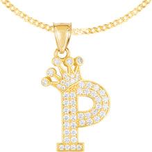Load image into Gallery viewer, 10k Yellow Gold 0.8&quot; Pave CZ Personalized Crown Alphabet Letter A - Z Initial Charm Pendant with optional Chain Necklace
