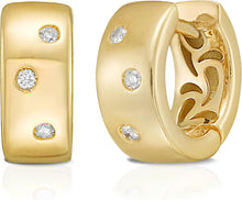 Load image into Gallery viewer, Italian .09cttw Diamond 14k Yellow Gold Round Wide Huggie Hoop Earrings
