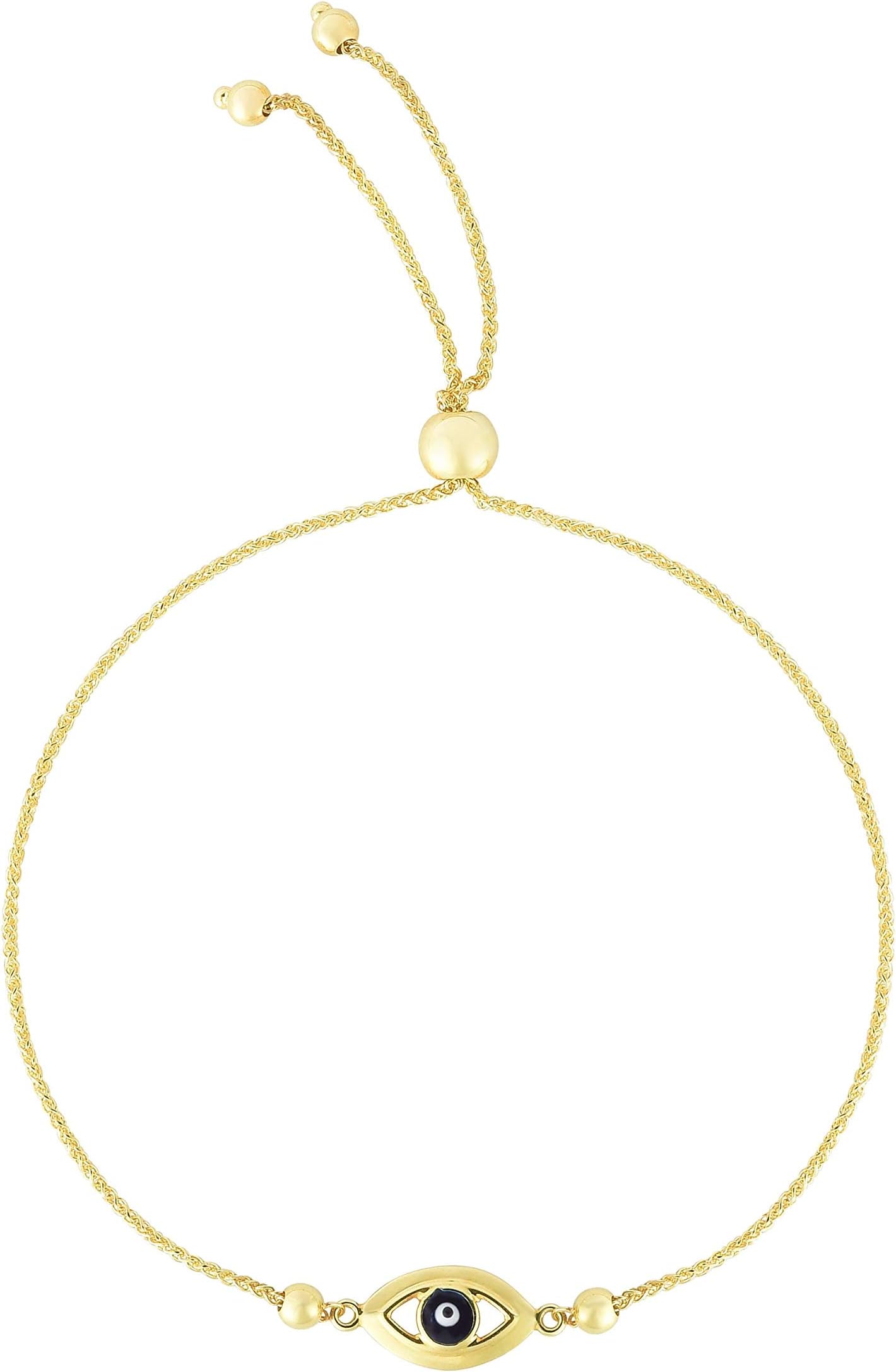 14k Yellow Gold Evil Eye Adjustable Friendship Bolo Bracelet, Extendable 9.25 Inch