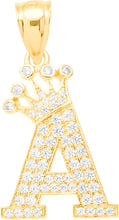 Load image into Gallery viewer, 10k Yellow Gold 0.8&quot; Pave CZ Personalized Crown Alphabet Letter A - Z Initial Charm Pendant with optional Chain Necklace
