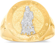 Load image into Gallery viewer, 10k Yellow Gold 17mm St. Lazarus Pray For Us with Cross Catholic Saint Religious Medallion Men&#39;s Ring, Sizes 5-13
