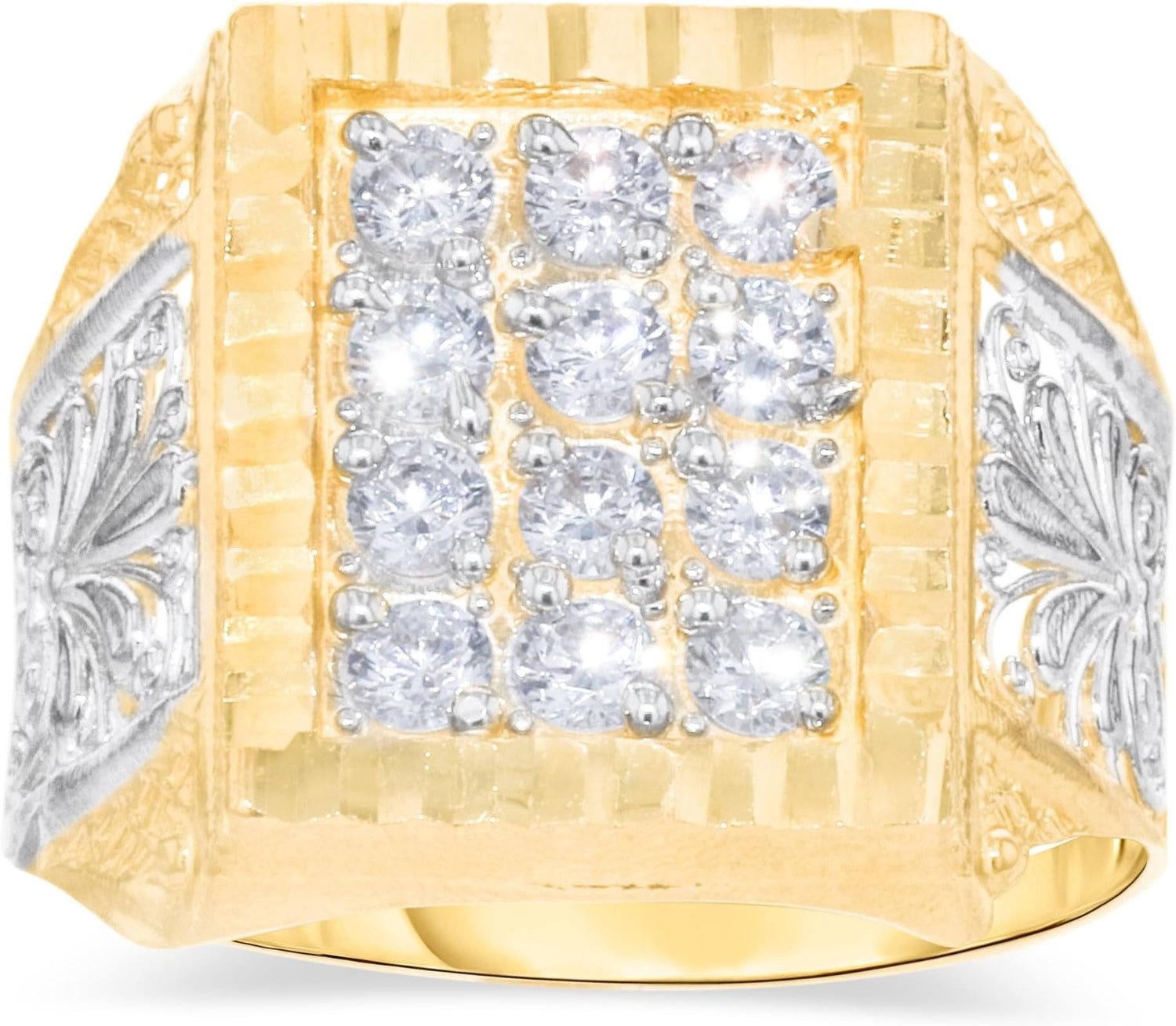 10k Yellow Gold 18mm Two-Tone Square CZ Filigree Openwork Men's Ring, Sizes 5 - 13