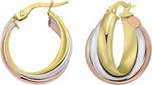 Load image into Gallery viewer, 14k Yellow Gold 20mm x 9mm or 25.8mm x 8mm Trinity Woven Hoop Tri-Color Earrings
